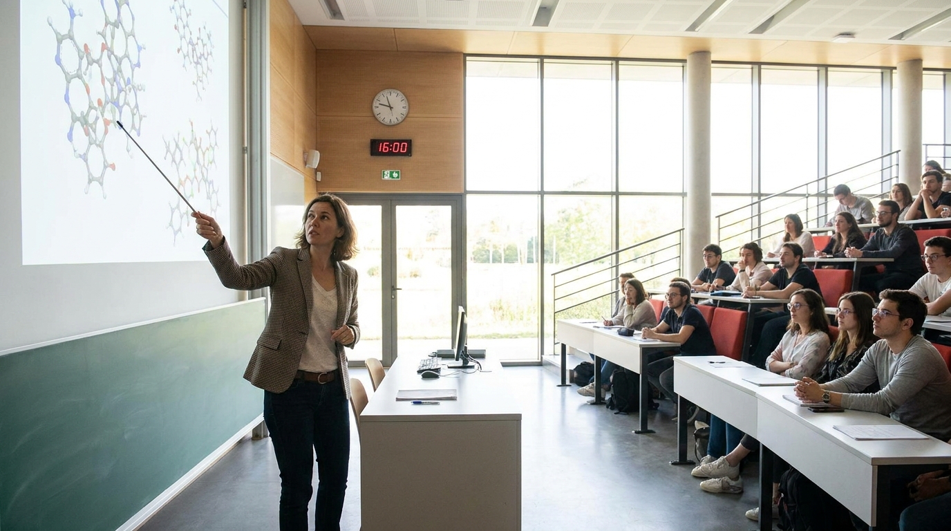 A professor lecturing in a university hall